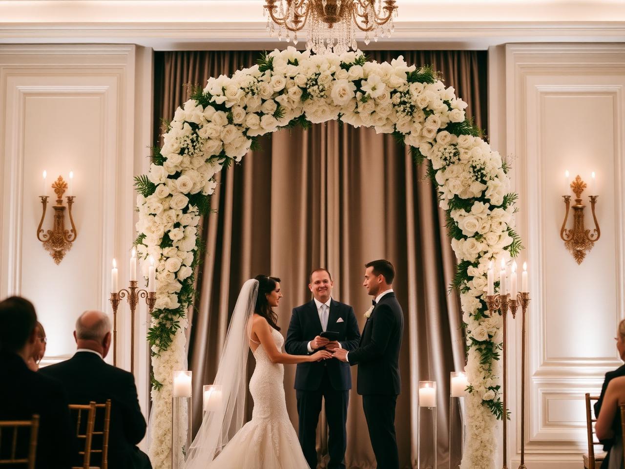 White floral wedding ceremony arch