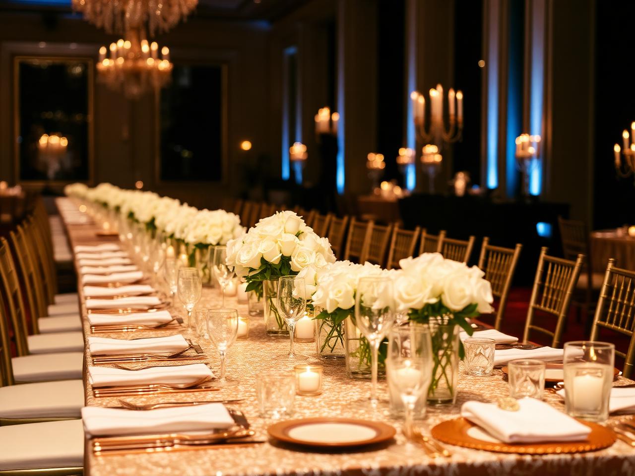 Elegant banquet table with white roses