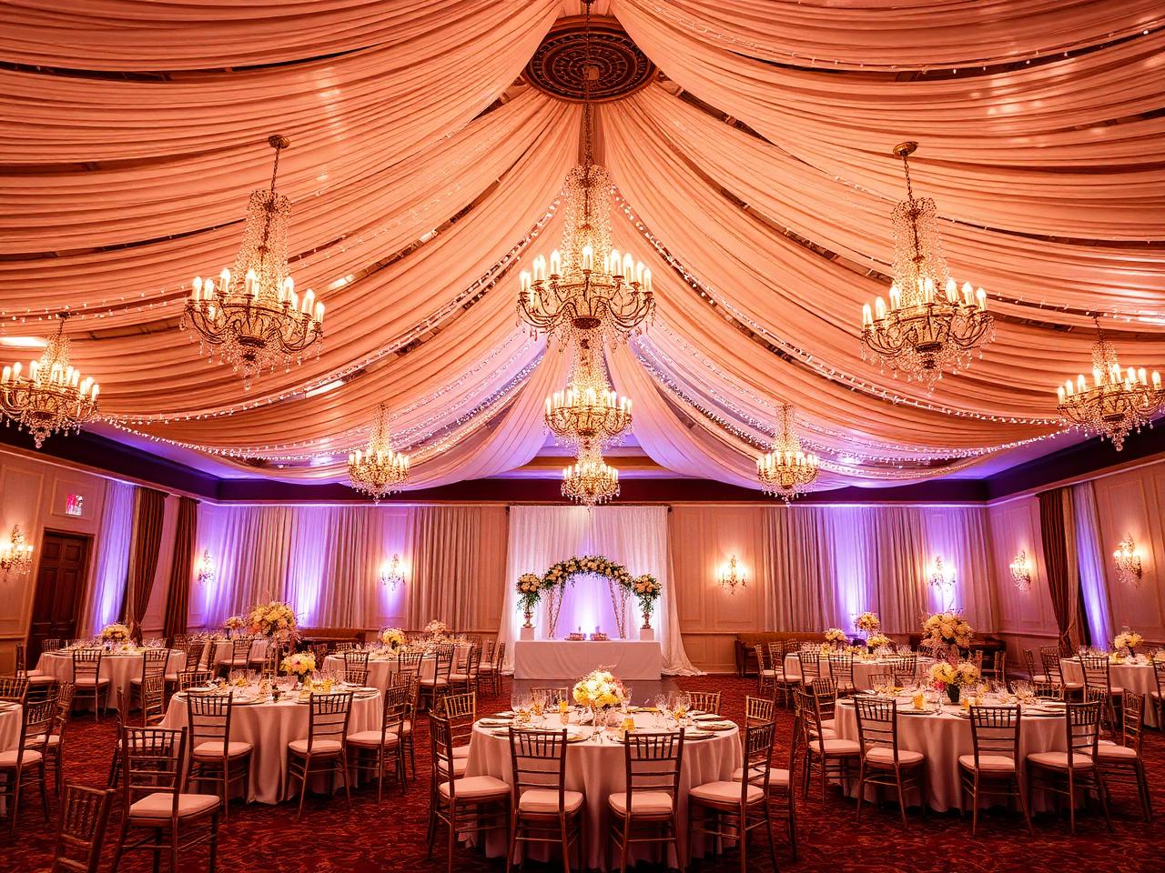 Grand ballroom with chandeliers and draping