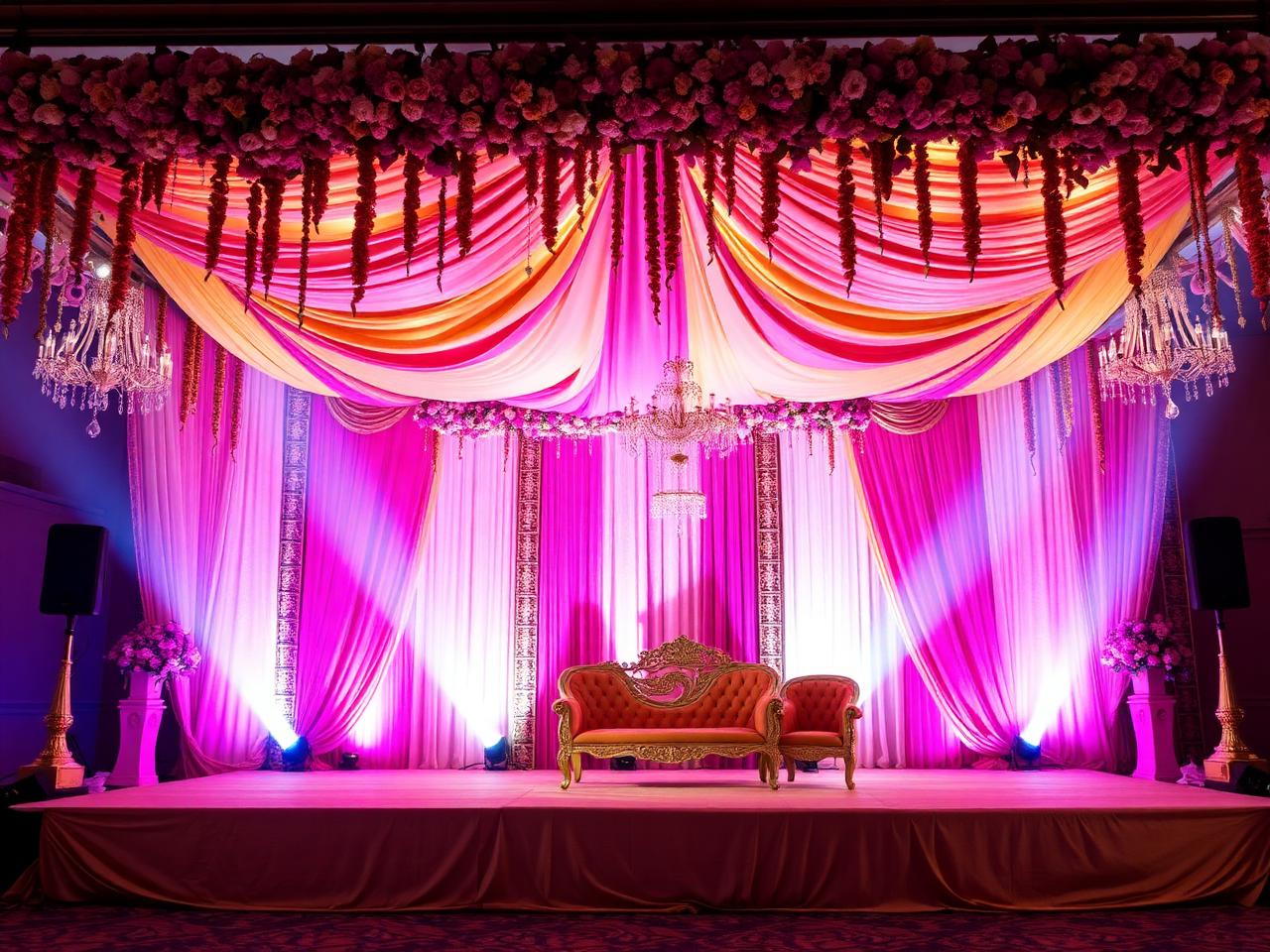 Sangeet stage with pink and gold florals